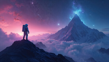 Fototapeta premium Astronaut stands on mountain peak. He explores a vast alien world with a cosmic purple blue sky full of stars and nebulae. Clouds fill valleys below. He feels alone and small in this huge universe.
