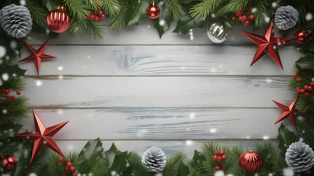 Christmas background with ornaments pine cones and stars on a white wooden surface with snow falling - Powered by Adobe