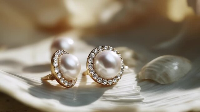 Delicate pearl earrings rest elegantly on a smooth shell, showcasing their shimmering surfaces and intricate designs. The pearl earrings sparkle softly, enhancing the beauty of the