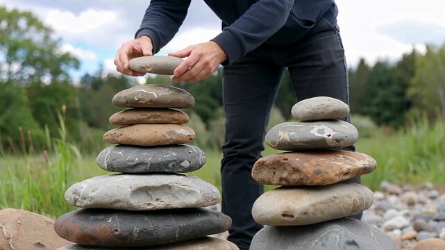 Person stacking smooth stones outdoors in a peaceful natural setting with trees and grass in the background