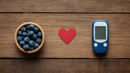 Flat lay of blueberries with a glucose meter and heart symbol, representing blood sugar management, healthy eating, diabetes awareness, and cardiovascular wellness in medical and nutrition themes