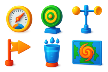 Collection of colorful objects, including a clock, a cup, a globe, a weather vane, a compass, and a target