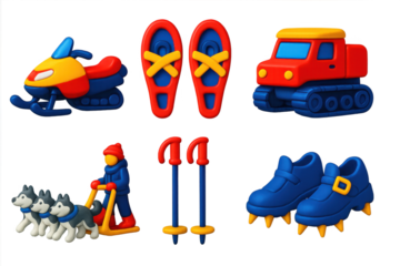 Collection of toys and vehicles, including a snowmobile, a truck, and a pair of skis