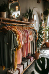 A serene minimalist fashion shop filled with earth-tone textiles and natural decorative elements.