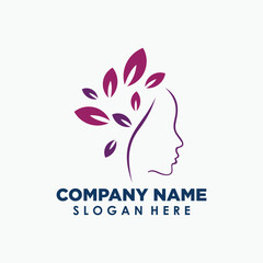 women face and leaf logo design template, skincare vintage logo concept
