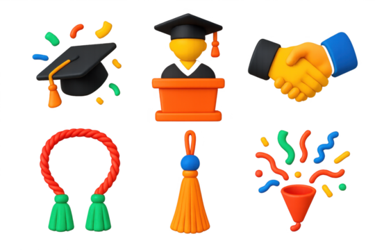 Series of cartoon images of graduation and graduation caps. The first image is a graduation cap with a ribbon around it