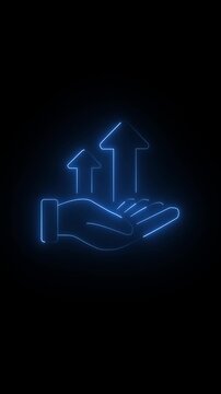 Growing business icon represented by a hand holding neon glowing chart with arrow up. It can be used in the desired color background or on another video