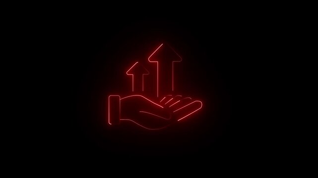 Growing business icon represented by a hand holding neon glowing chart with arrow up. It can be used in the desired color background or on another video