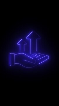 Growing business icon represented by a hand holding neon glowing chart with arrow up. It can be used in the desired color background or on another video
