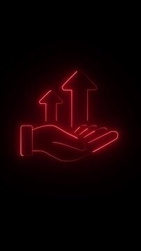 Growing business icon represented by a hand holding neon glowing chart with arrow up. It can be used in the desired color background or on another video