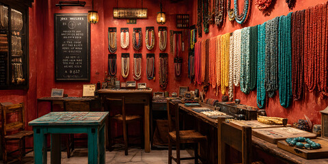A rustic, warmly lit boutique featuring artisan textiles, wooden furnishings, and an ornate display of multicolored traditional necklaces.
