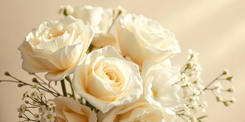 Close-up of a luxurious bouquet of creamy white roses under soft sunlight, creating elegant shadows on a light beige background.
