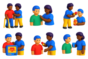 Series of cartoon characters are shown in various situations, including one where a man is holding a bottle of medicine. The images convey a sense of care and support