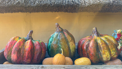 Colorful Pumpkin Decoration with Autumn Harvest Gourds Rustic Fall Arrangement with Mini Pumpkins and Seasonal Natural Decor