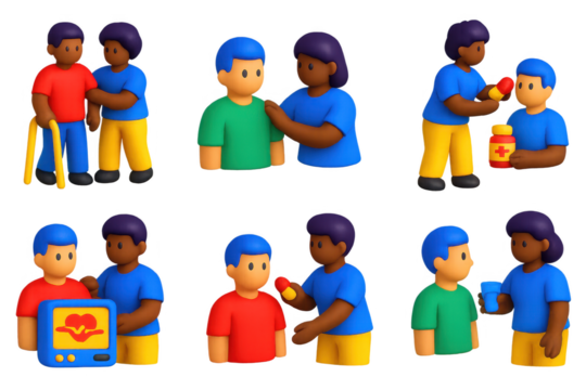 Series of cartoon characters are shown in various situations, including one where a man is holding a bottle of medicine. The images convey a sense of care and support