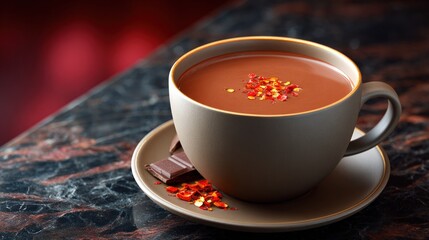 Cup of rich hot chocolate topped with chili flakes and dark chocolate bar, copy space