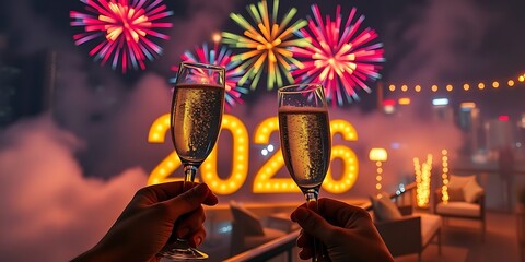 Hands toasting champagne glasses with a bright 2026 light sign in the background, set against a colorful fireworks display for New Year's Eve.