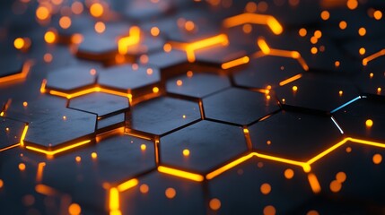 Dynamic glowing hexagonal network structure with vibrant orange energy flowing through circuits, representing futuristic technology and data transmission.