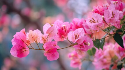 Obraz premium Vibrant pink bougainvillea flowers bloom in a garden adding beauty to the serene spring atmosphere.