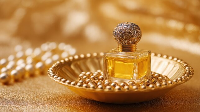 A beautifully designed perfume bottle shines atop an ornate plate filled with golden beads. - Powered by Adobe