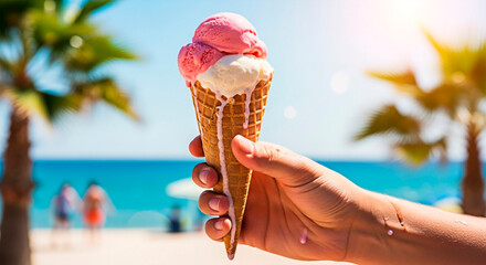 A person holding an ice cream cone near the beach for the concept of Summer dessert.