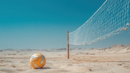 A vibrant volleyball rests on the warm sandy beach beside a net under a clear blue sky.