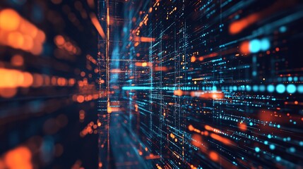 Dynamic digital data streams flow through a futuristic abstract network, representing global connectivity and advanced technology in vibrant orange and blue hues.