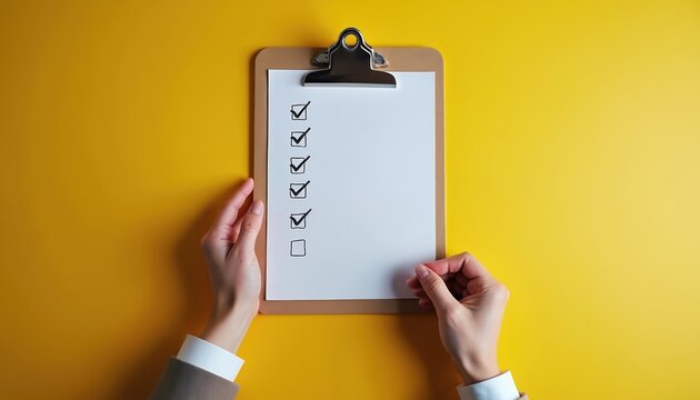 Person hands hold clipboard with white checklist paper. Many tasks complete, one item remains unchecked. Bright yellow desktop background. Image shows goals management, work progress, important to