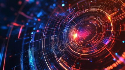 Dynamic digital vortex of glowing blue and orange data streams pulsates with futuristic energy and technological innovation