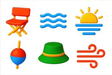 Variety of colorful and stylized objects, including a chair, a hat, a kite, a boat, a fishing rod, and a windmill. Scene is playful and whimsical