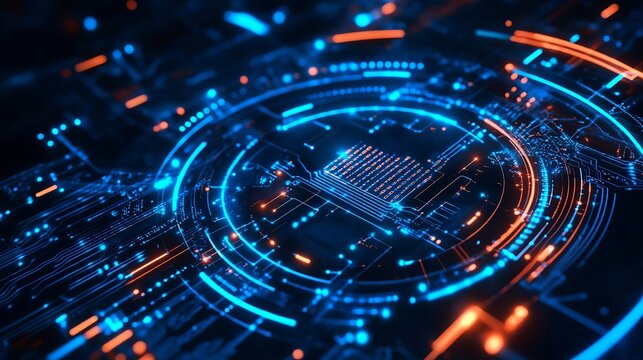 Dynamic abstract glowing circuit board with intricate digital pathways and vibrant blue and orange neon lights symbolizing innovation and data flow