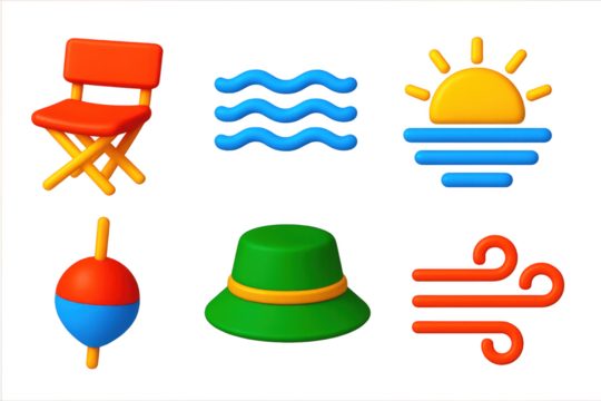 Variety of colorful and stylized objects, including a chair, a hat, a kite, a boat, a fishing rod, and a windmill. Scene is playful and whimsical