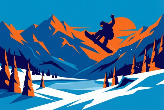 Silhouette of a snowboarder jumping against a vibrant, stylized mountain backdrop, celebrating World Snowboard Day.