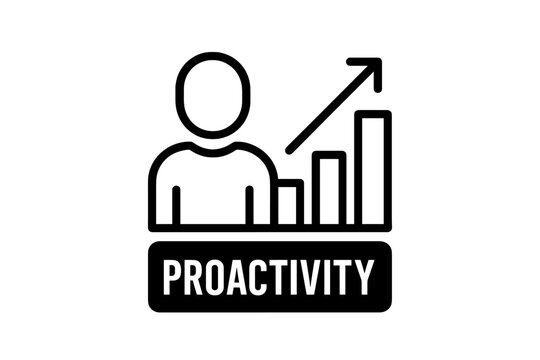 Human figure with rising bar chart and upward arrow symbolizing proactivity and business growth