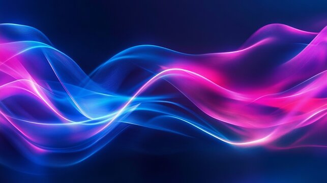 Dynamic flowing neon waves of pink and blue light create an abstract, futuristic, and energetic background for modern design concepts.