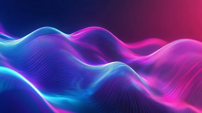 Dynamic glowing digital waveform in vibrant neon blue and pink hues creates a futuristic, abstract soundscape visualization perfect for tech themes. - Powered by Adobe