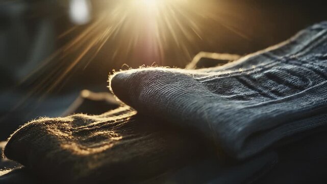 A pair of textured, cozy socks rests atop a soft surface, illuminated by warm sunlight streaming through a nearby window. These socks display rich colors and intricate patterns tha