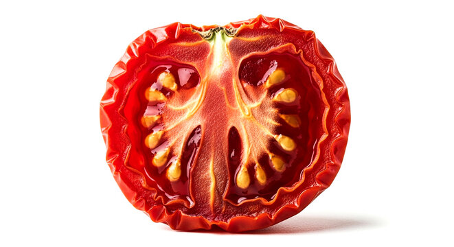Close up of a vibrant red tomato cut in half on a white background