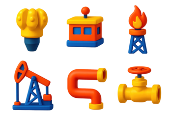 Collection of cartoonish objects, including a chef's hat, a fire, a gas pump, and a gas station. The objects are all brightly colored and appear to be related to the theme of energy and industry