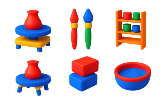 Set of six different colored plastic toys, including a blue and red pottery wheel, a red and blue block, and a blue and red bathtub