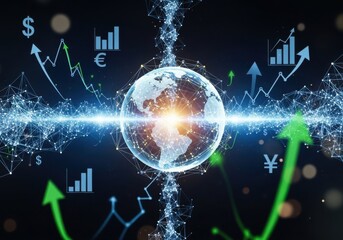 Global Financial Network with World Map and Rising Market Trends