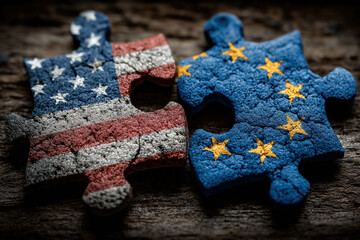 American and European puzzle pieces symbolize complex international diplomatic relationship dynamics.