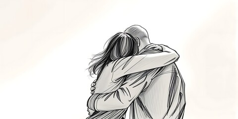 Illustration of a couple embracing from behind in a warm, comforting hug, rendered in a black and white sketch style with ample copy space.