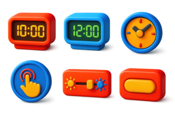 Set of clocks with the time 10:00 and 12:00. The clocks are in different colors and sizes
