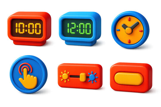 Set of clocks with the time 10:00 and 12:00. The clocks are in different colors and sizes - Powered by Adobe