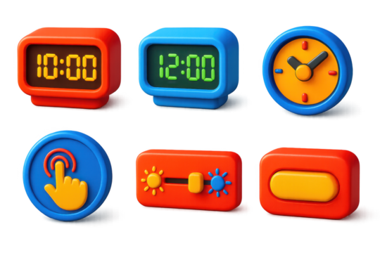 Set of clocks with the time 10:00 and 12:00. The clocks are in different colors and sizes