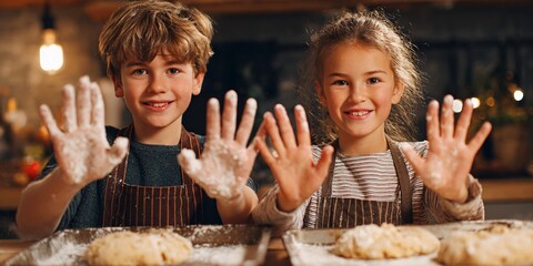 Children happily baking cookies with parents in a cozy kitchen