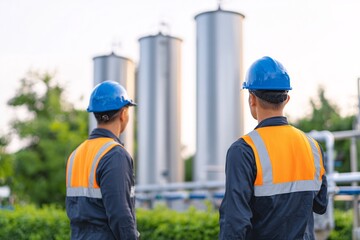 Technicians in safety gear monitor equipment at a sewage treatment facility in daylight