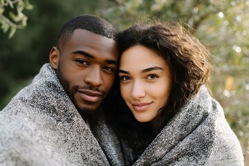 Multicultural couple sharing warm embrace in a cozy setting