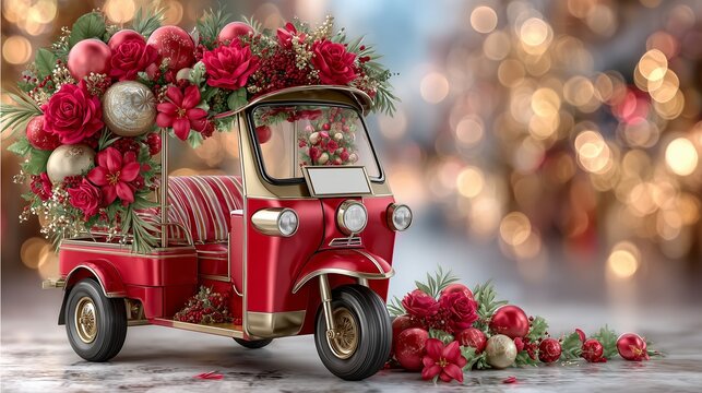 Thai Christmas tuk tuk with Christmas tuk tuk decoration with Christmas balloons and Christmas blank sign, festive Christmas tuk tuk street scene for holiday graphic design